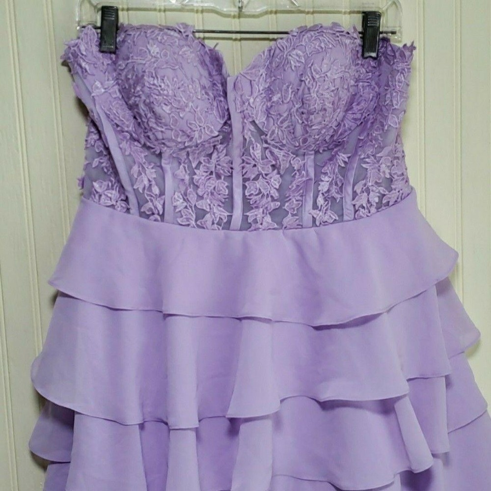 Geforsp Dress Womens 14 Purple Floral Strapless Sweetheart‎ Ruffle Fit & Flare